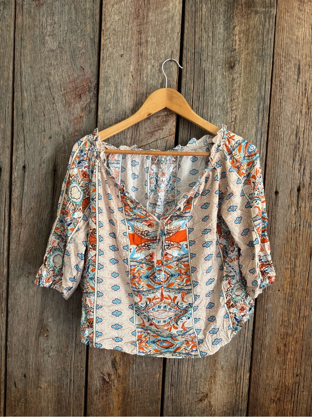 SHEIN Orange & Cream Boho Lace-Up Peasant Blouse